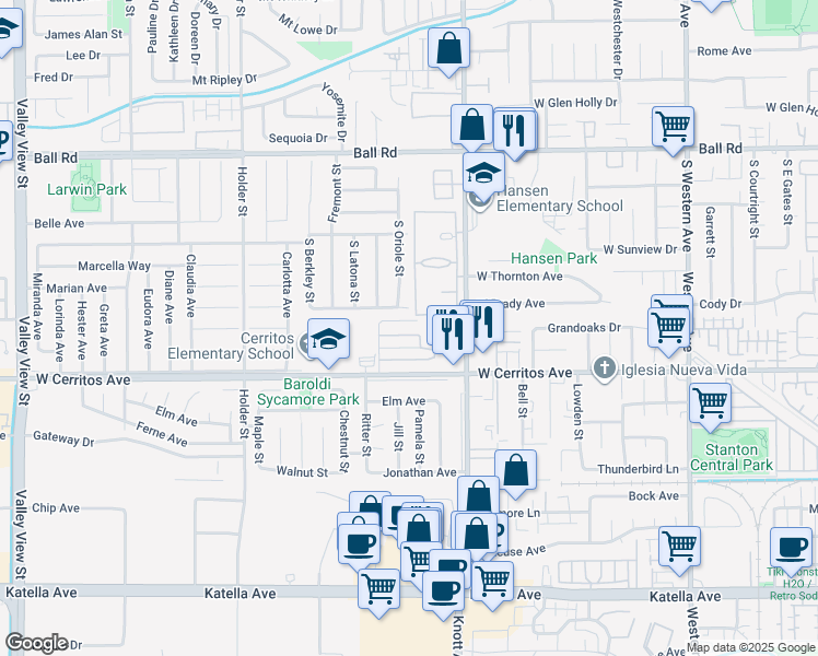 map of restaurants, bars, coffee shops, grocery stores, and more near 3534 Christine Circle in Anaheim