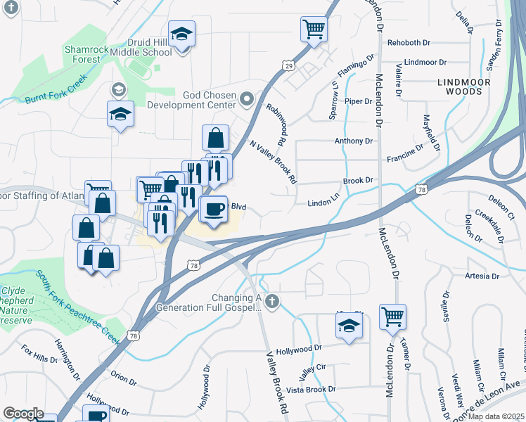 map of restaurants, bars, coffee shops, grocery stores, and more near 1949 Brian Way in Decatur