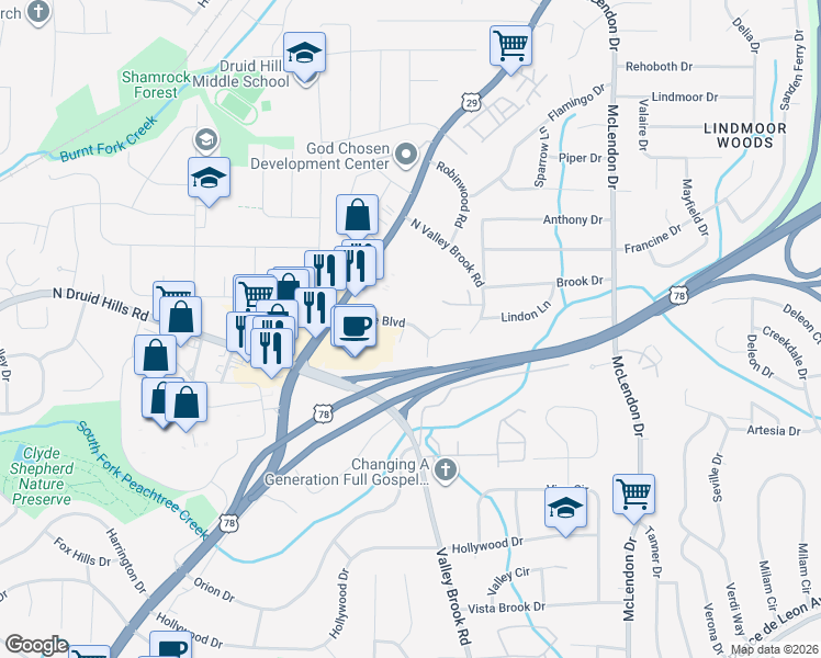 map of restaurants, bars, coffee shops, grocery stores, and more near 1941 Brian Way in Decatur