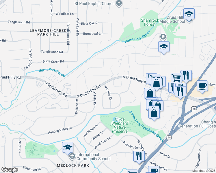 map of restaurants, bars, coffee shops, grocery stores, and more near 1111 North Valley Drive in Decatur