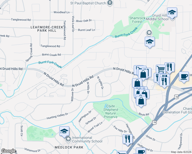 map of restaurants, bars, coffee shops, grocery stores, and more near 1111 North Valley Drive in Decatur