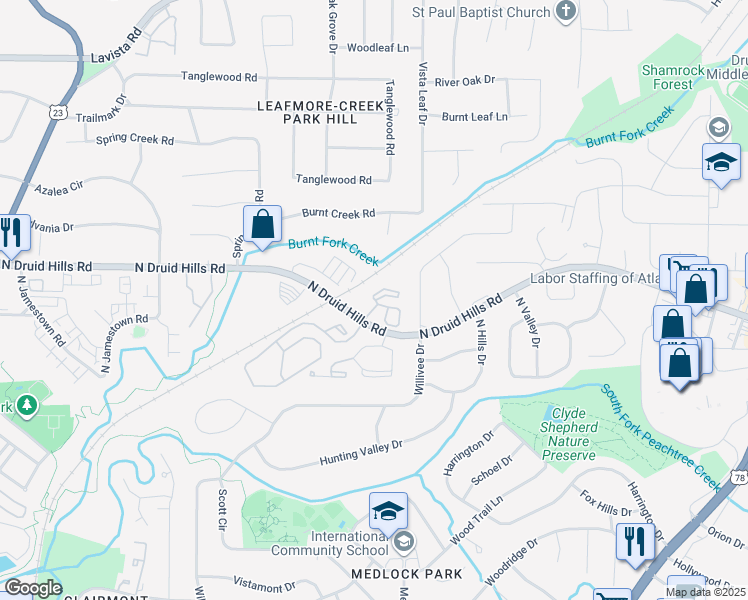 map of restaurants, bars, coffee shops, grocery stores, and more near 3440 North Druid Hills Road in Decatur