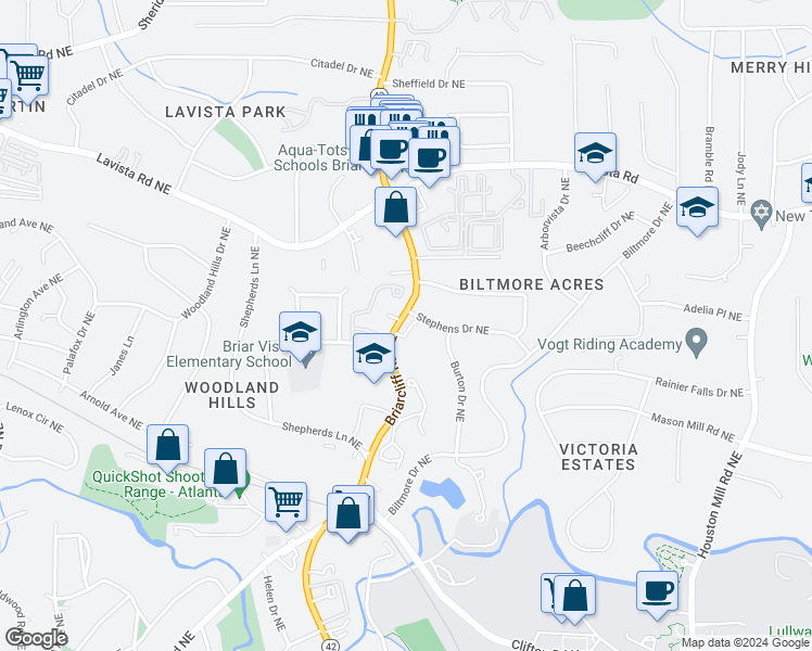 map of restaurants, bars, coffee shops, grocery stores, and more near 1106 Briar Cove Circle in Atlanta