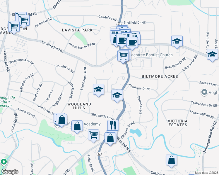 map of restaurants, bars, coffee shops, grocery stores, and more near 1117 Weatherstone Drive Northeast in Atlanta