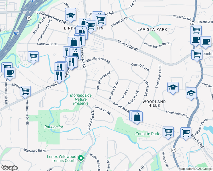 map of restaurants, bars, coffee shops, grocery stores, and more near 1124 Arlington Parkway Northeast in Atlanta