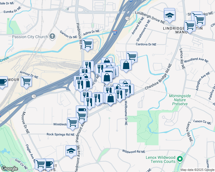 map of restaurants, bars, coffee shops, grocery stores, and more near 2067 Telfair Circle Northeast in Atlanta