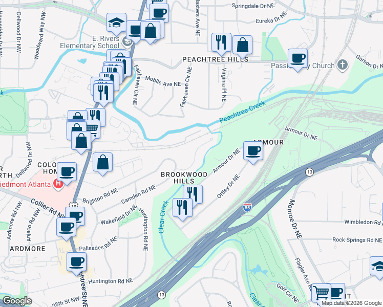 map of restaurants, bars, coffee shops, grocery stores, and more near 324 Camden Road Northeast in Atlanta