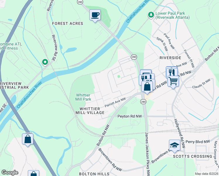 map of restaurants, bars, coffee shops, grocery stores, and more near 2084 Old Georgian Terrace in Atlanta
