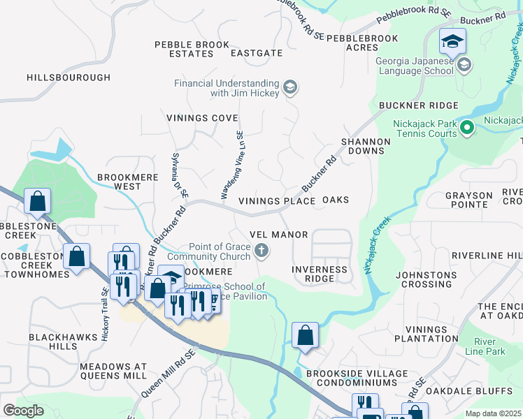 map of restaurants, bars, coffee shops, grocery stores, and more near 5731 Vinings Place Drive Southeast in Mableton