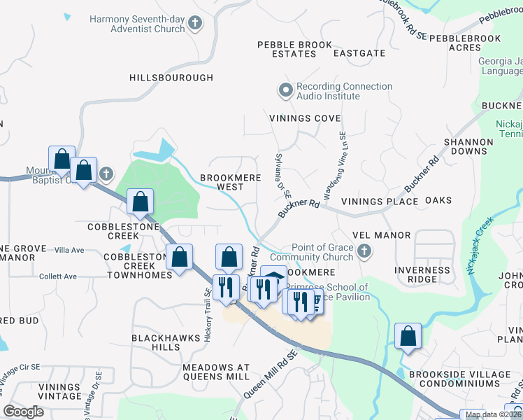 map of restaurants, bars, coffee shops, grocery stores, and more near 5911 Buckner Creek Drive Southeast in Mableton