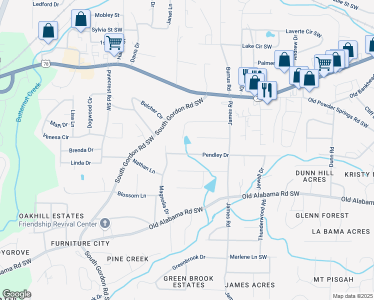 map of restaurants, bars, coffee shops, grocery stores, and more near 1628 Pendley Drive in Austell