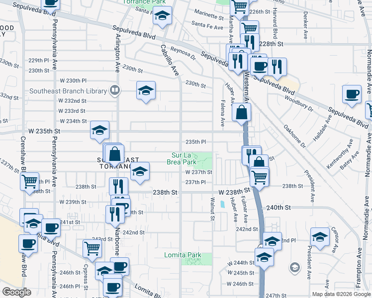 map of restaurants, bars, coffee shops, grocery stores, and more near 1967 West 236th Street in Torrance