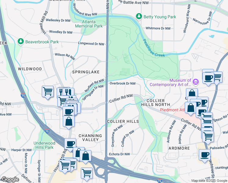 map of restaurants, bars, coffee shops, grocery stores, and more near 2060 Cottage Lane Northwest in Atlanta
