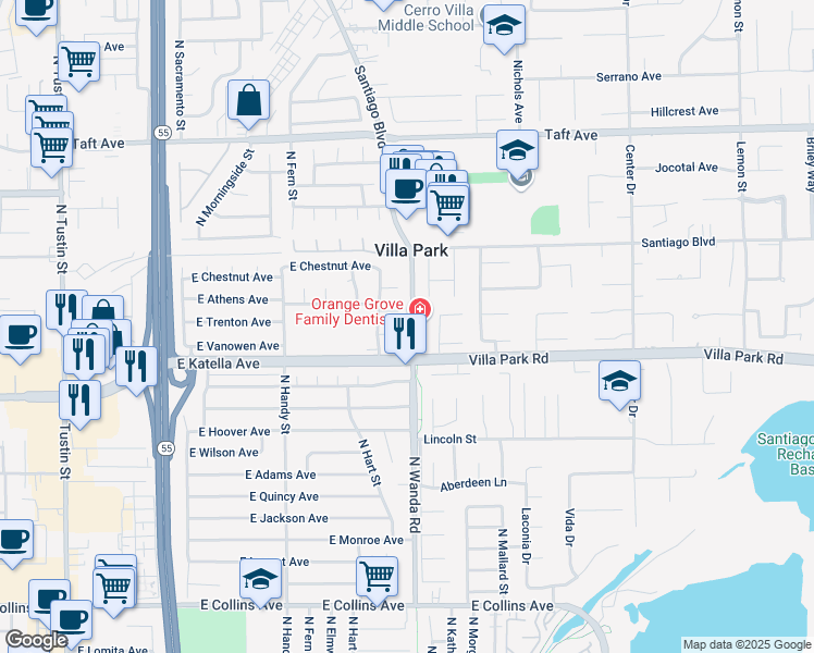 map of restaurants, bars, coffee shops, grocery stores, and more near 2919 E Vanowen Ave in Orange
