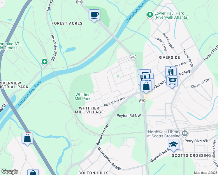map of restaurants, bars, coffee shops, grocery stores, and more near 2084 Old Georgian Terrace in Atlanta