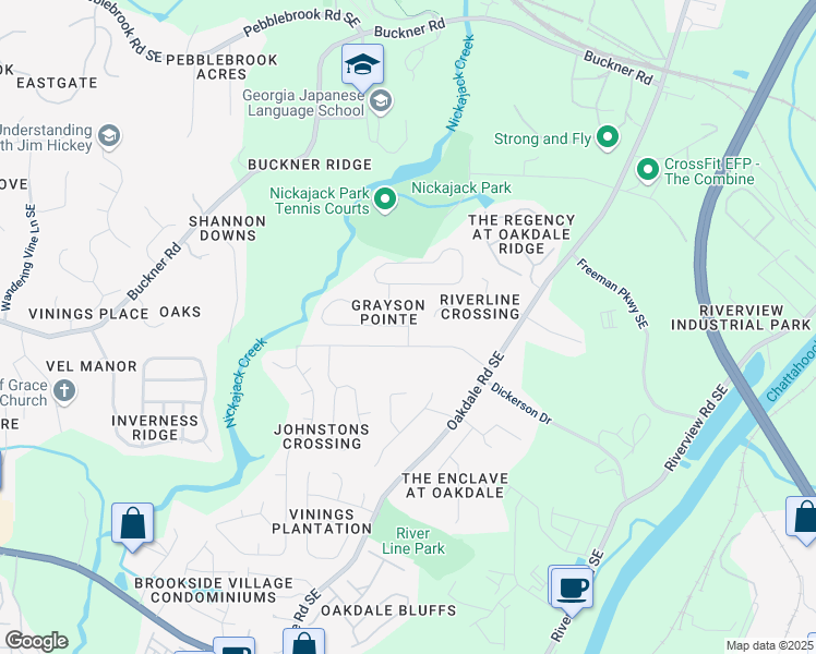 map of restaurants, bars, coffee shops, grocery stores, and more near Graywood Circle Southeast in Mableton