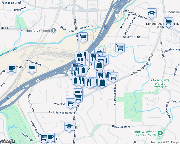 map of restaurants, bars, coffee shops, grocery stores, and more near 580 Bismark Road Northeast in Atlanta