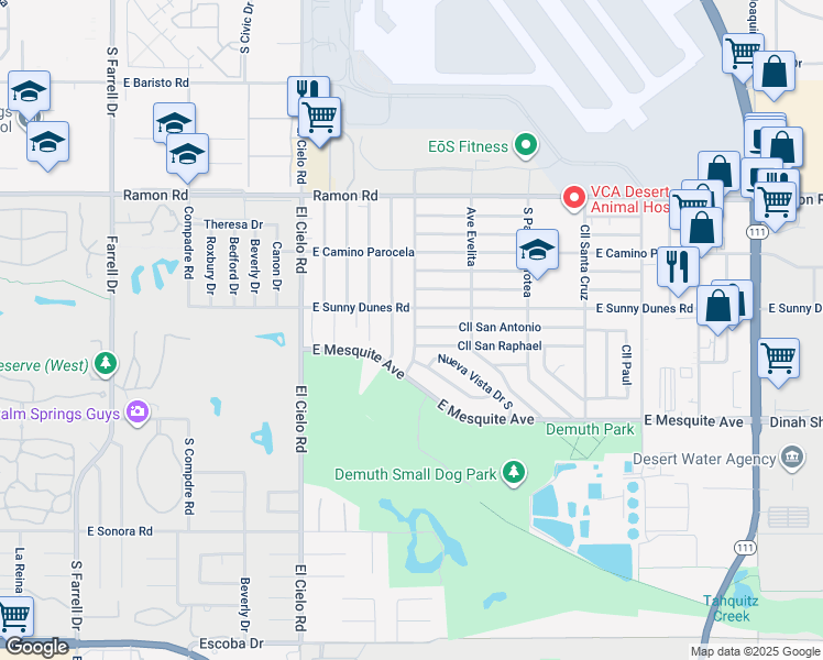 map of restaurants, bars, coffee shops, grocery stores, and more near 737 El Placer Road in Palm Springs