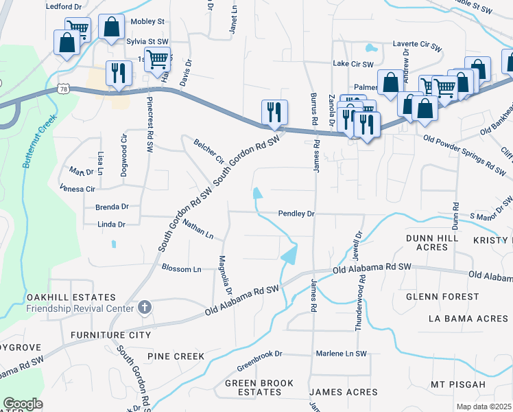 map of restaurants, bars, coffee shops, grocery stores, and more near 1628 Pendley Drive in Austell
