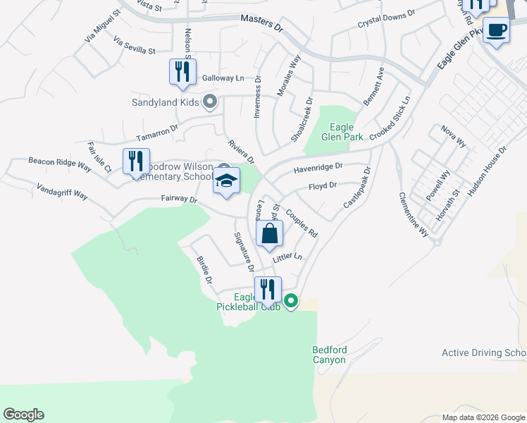map of restaurants, bars, coffee shops, grocery stores, and more near 4355 Leonard Way in Corona