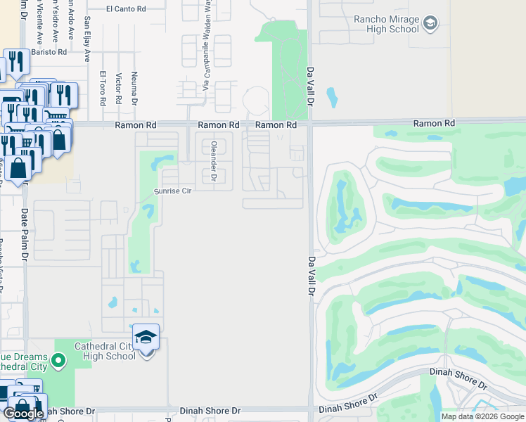 map of restaurants, bars, coffee shops, grocery stores, and more near 69801 Ramon Road in Cathedral City