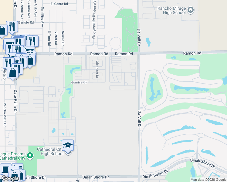 map of restaurants, bars, coffee shops, grocery stores, and more near 69801 Ramon Road in Cathedral City