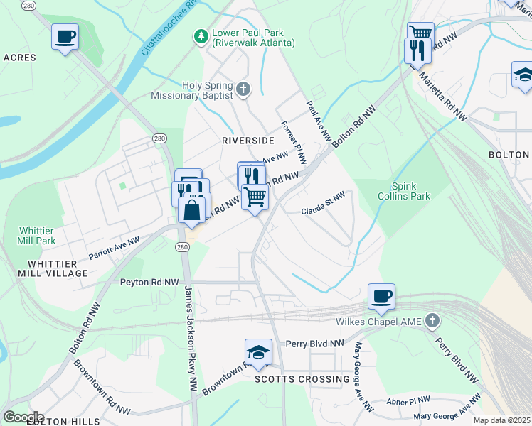 map of restaurants, bars, coffee shops, grocery stores, and more near 2042 Hollywood Road Northwest in Atlanta