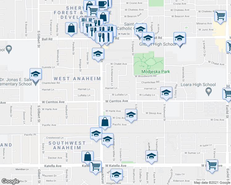 map of restaurants, bars, coffee shops, grocery stores, and more near 2141 West Lullaby Lane in Anaheim