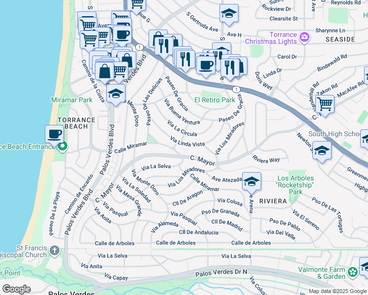 map of restaurants, bars, coffee shops, grocery stores, and more near 309 Via Linda Vista in Redondo Beach