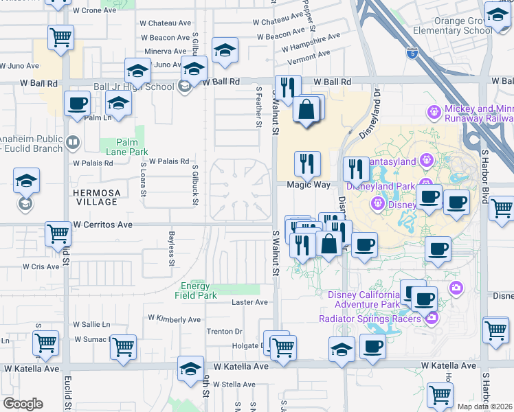 map of restaurants, bars, coffee shops, grocery stores, and more near 1331 West Street in Anaheim
