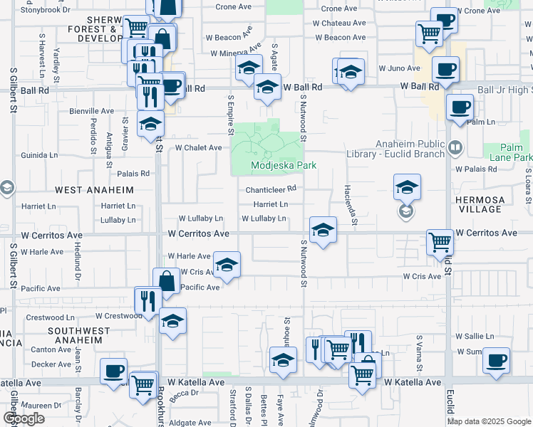 map of restaurants, bars, coffee shops, grocery stores, and more near 1945 West Lullaby Lane in Anaheim