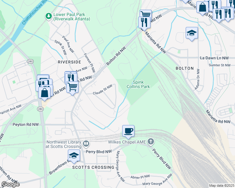 map of restaurants, bars, coffee shops, grocery stores, and more near 2059 Claude Street Northwest in Atlanta