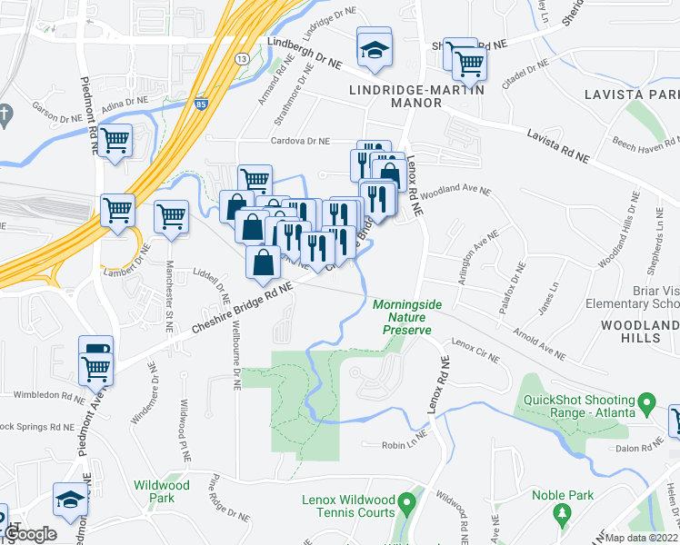map of restaurants, bars, coffee shops, grocery stores, and more near 2069 Cheshire Bridge Road Northeast in Atlanta