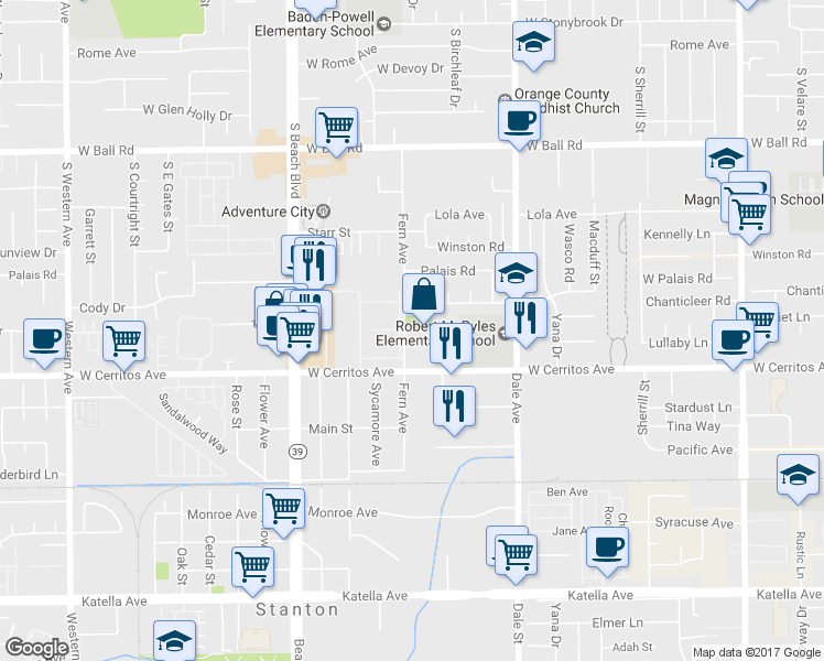 map of restaurants, bars, coffee shops, grocery stores, and more near 10390 Fern Avenue in Stanton