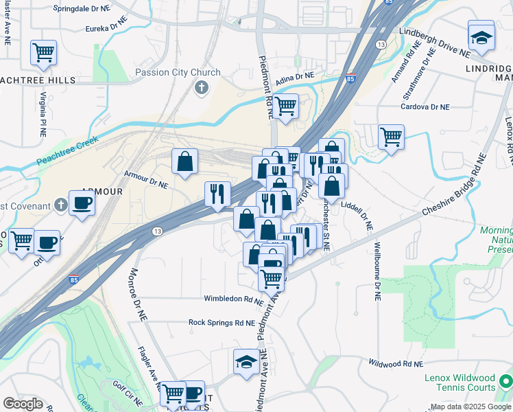 map of restaurants, bars, coffee shops, grocery stores, and more near 1944 Piedmont Circle Northeast in Atlanta