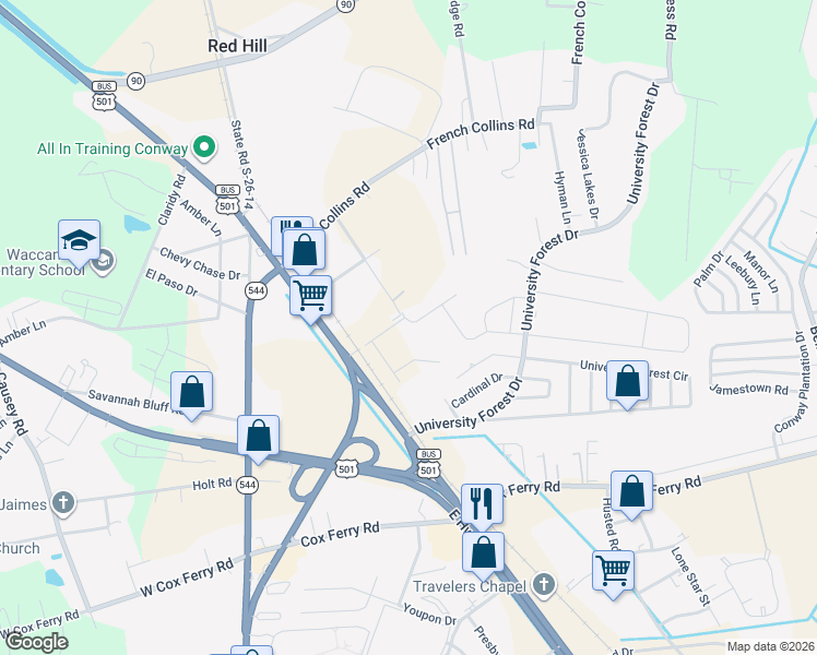 map of restaurants, bars, coffee shops, grocery stores, and more near 180 Sanderson Drive in Conway