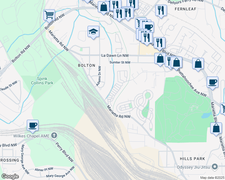 map of restaurants, bars, coffee shops, grocery stores, and more near 1924 Red Eagle Walk in Atlanta