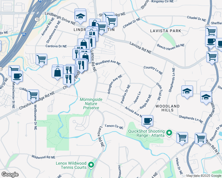 map of restaurants, bars, coffee shops, grocery stores, and more near 2087 Arlington Avenue Northeast in Atlanta