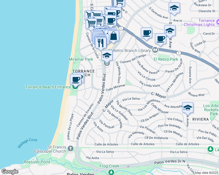 map of restaurants, bars, coffee shops, grocery stores, and more near 375 Camino de las Colinas in Redondo Beach