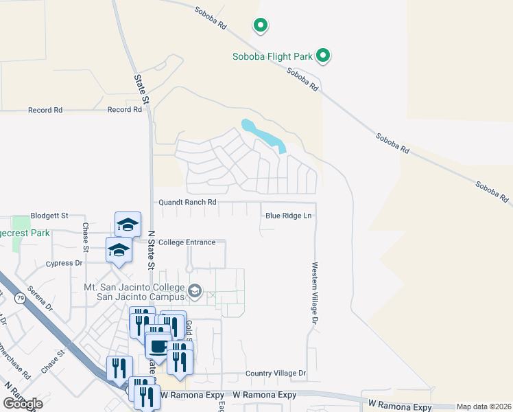 map of restaurants, bars, coffee shops, grocery stores, and more near 1794 The Willows Rd in San Jacinto