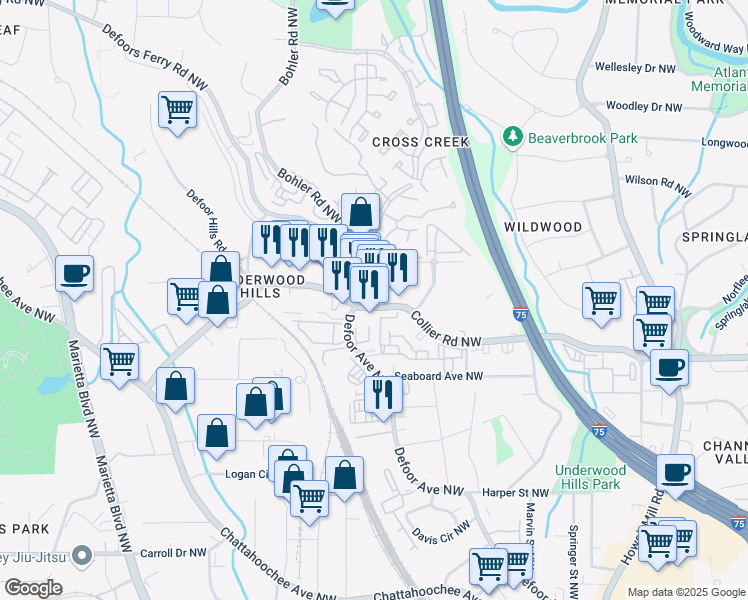 map of restaurants, bars, coffee shops, grocery stores, and more near 1209 Collier Road Northwest in Atlanta