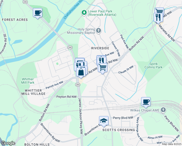 map of restaurants, bars, coffee shops, grocery stores, and more near 2055 Bolton Road Northwest in Atlanta