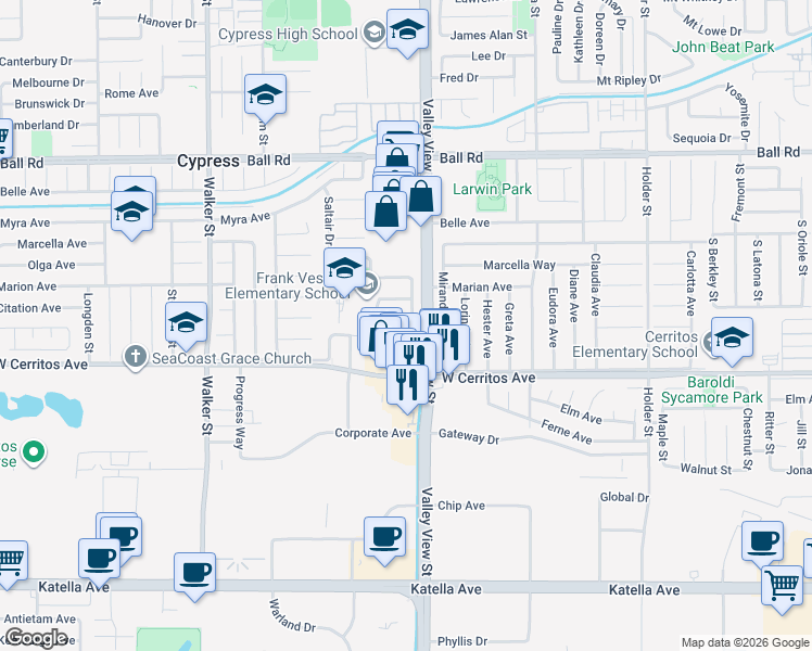 map of restaurants, bars, coffee shops, grocery stores, and more near 5966 Cathy Avenue in Cypress