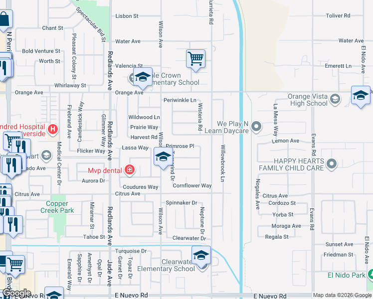 map of restaurants, bars, coffee shops, grocery stores, and more near 697 Primrose Place in Perris