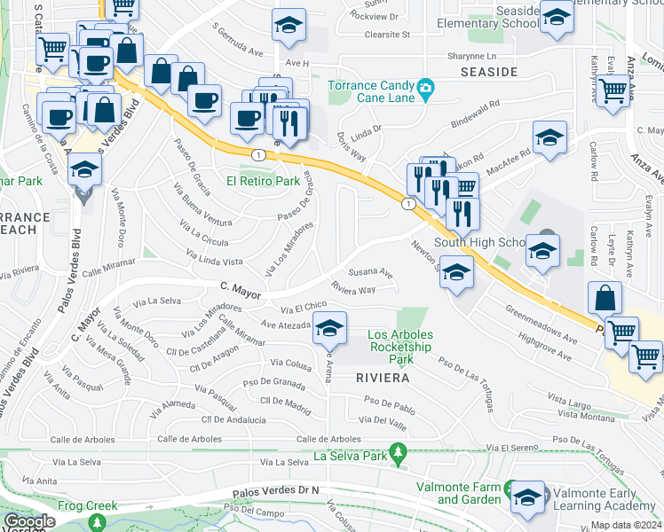 map of restaurants, bars, coffee shops, grocery stores, and more near 5605 Calle Mayor in Torrance