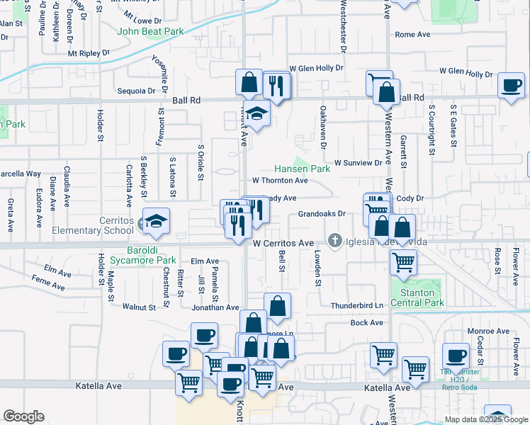 map of restaurants, bars, coffee shops, grocery stores, and more near 3426 West Brady Avenue in Anaheim