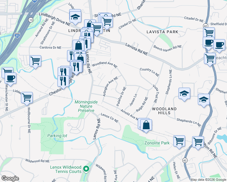 map of restaurants, bars, coffee shops, grocery stores, and more near 1124 Arlington Parkway Northeast in Atlanta