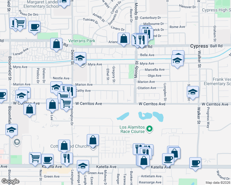 map of restaurants, bars, coffee shops, grocery stores, and more near 4832 Cathy Avenue in Cypress