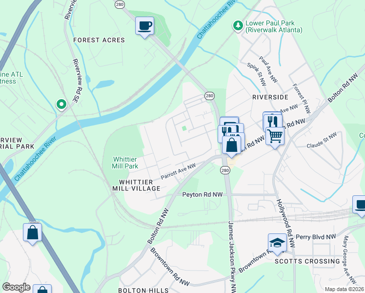 map of restaurants, bars, coffee shops, grocery stores, and more near 2072 Garrison Way NW in Atlanta