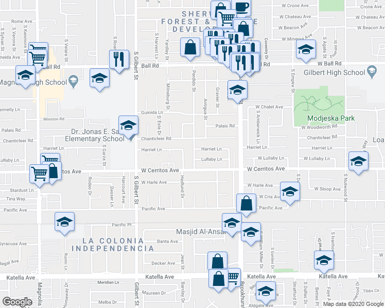 map of restaurants, bars, coffee shops, grocery stores, and more near 10411 Perdido Street in Anaheim